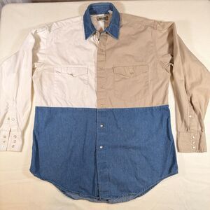Vintage Express Rider Mens M Medium Western Denim Shirt Color Block Pearl Snap